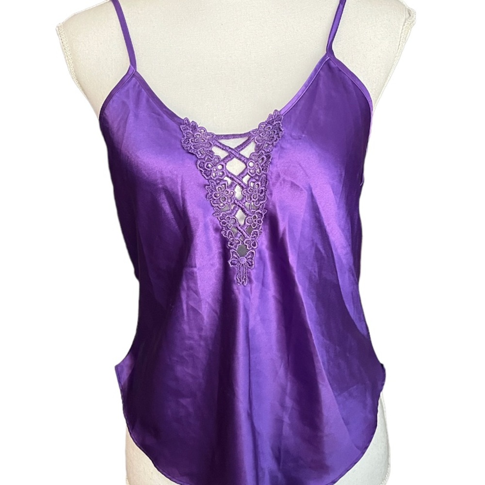 Vintage Purple Camisole Fairycore Satin Lace Trim Made in USA Ren Faire